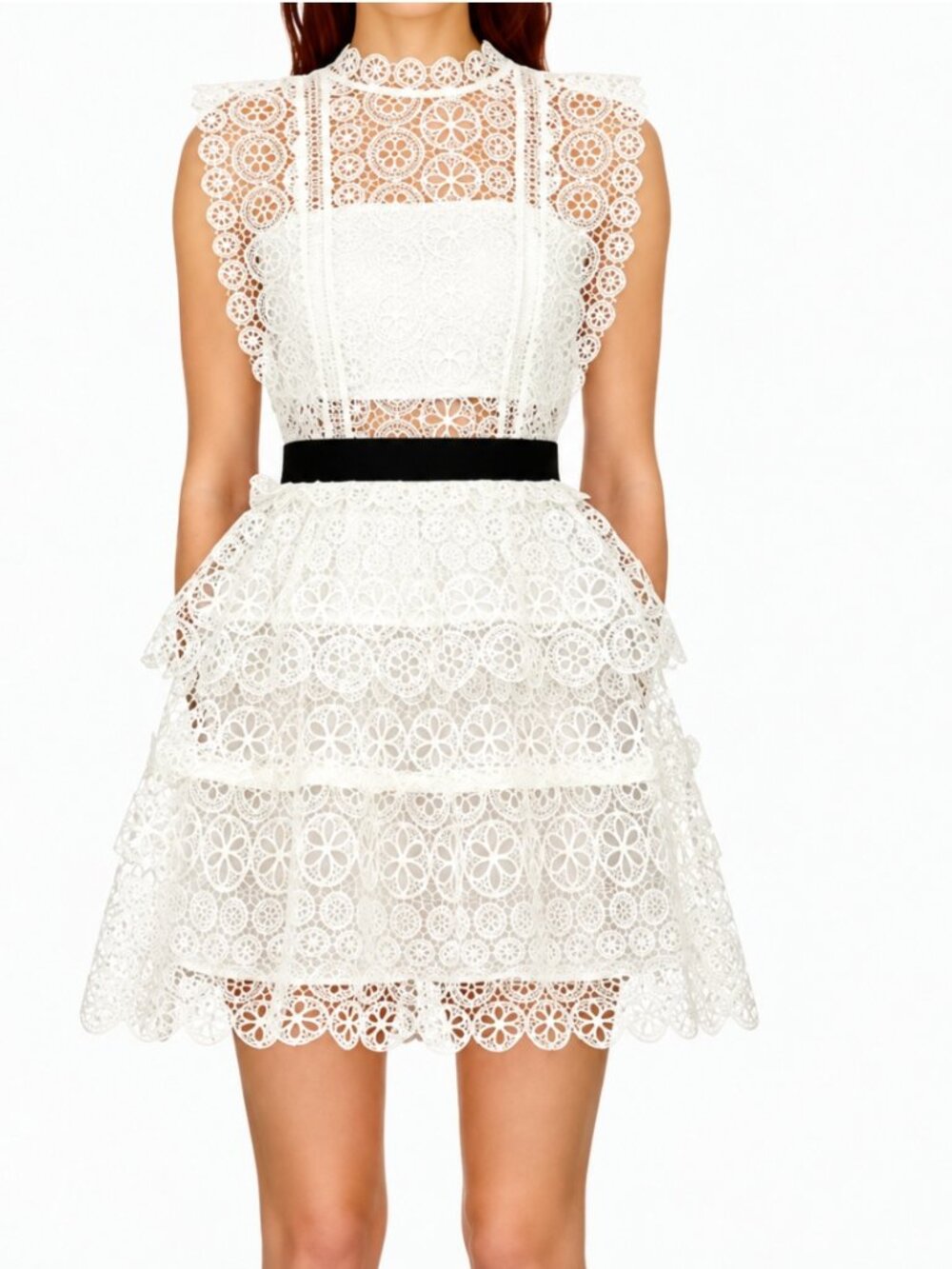 Self-Portrait White Circle Floral Lace Tiered Mini Dress Size 2